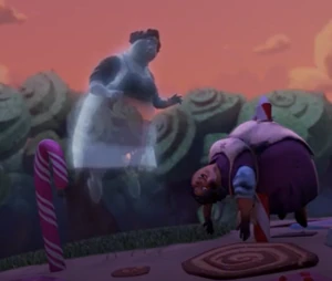 Mrs. Baker's spirit looks at her corpse.
