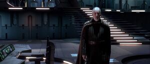 Dooku walking to face Anakin and Obi-Wan and ordered the Jedi to surrender their weapons, so as not to "make a mess of things in front of the Chancellor."