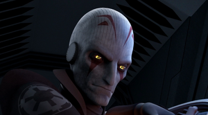 The Grand Inquisitor smirks while he locks blades with Kanan.