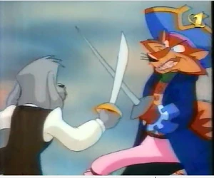 Long John Silver fighting Jim.