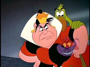 The Queen of Hearts being harassed by the Cheshire Cat.