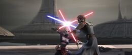 Anakin and Asajj duels on the platform of Tipoca City.