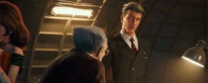 Gerald stopping Fujiko from leaving.