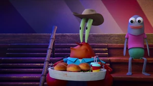Mr. Krabs at the circus with his Krabby Patty meal and drink.