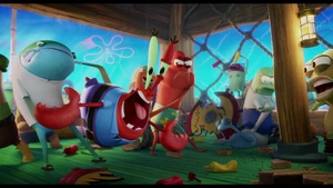 Mr. Krabs getting hit on the pole by a random fish.