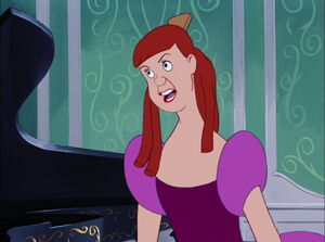 When the royal herald shows the glass slipper, Anastasia begins to argue with Drizella over whose slipper it is.