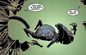 The comic depiction of the Cloned Queen. Noted that unlike in the film, instead of having her eggsack modified into a womb, the womb is located on her midriff just like a human female.