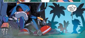 Metal Sonic's defeat as he lies beaten and offline.