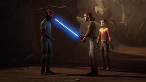 Undaunted, Maul dares Kanan to strike him down and informs him that he has planted a homing beacon nearby.
