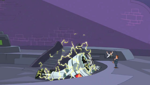 Doofenshmirtz being saved by Norm, who deactivates the mecha with a cup of coffee.