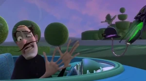 DOR-15 smacks the Bowler Hat Guy with the Mini-DOR-15 controller, both for bringing a dinosaur to the future and making them lose her "offspring".