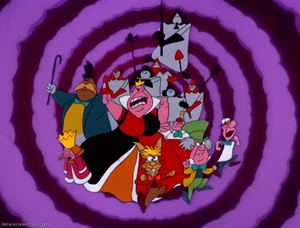 The Queen of Hearts chasing Alice with all the inhabitants of Wonderland until the end of Alice's dream, causing her defeat.