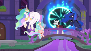 Chancellor Neighsay, Celestia, and Luna arrive to prevent Cozy Glow escaping even further.