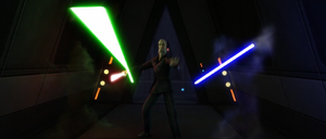 The assassins advance on Dooku while he backs himself away.