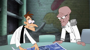 Doof using his blueprints to explain his successful scheme of moving the Earth, much to Rodney's delight.