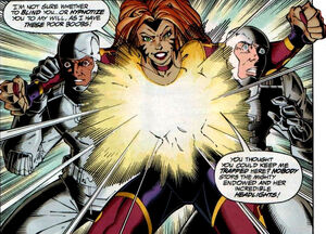 The Mighty Endowed with two hypnotized men holding her up.