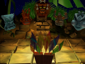 Uka Uka and the Elementals surprise Aku Aku at the Hyperspace Temple.