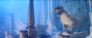 The statues of Zuul and Vinz Clortho glitter under the crashes of lightning atop the Temple of Gozer