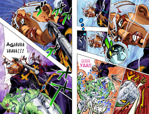 Pucci getting hit by a spear.