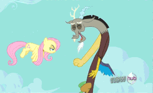 Discord mocking Fluttershy's stare.
