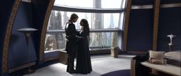 Padmé embraces her husband telling him he expects too much of himself.