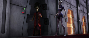 Nevertheless, Ventress easily overcame them both and released Gunray from his detention cell before luring Tano into the cell herself.