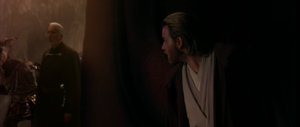 Count Dooku on Geonosis with Obi-Wan Kenobi spying on him.