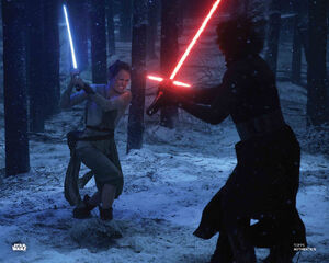 Kylo Ren fighting Rey on Starkiller Base.