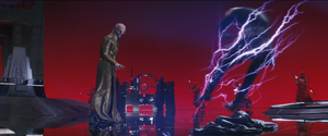 Snoke blasts Kylo Ren with Force lightning.