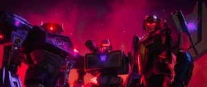 Shockwave, Soundwave, and Starscream with the Decepticons' logo.