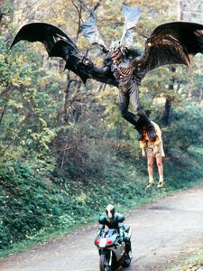 Bat Man attempting to fly away with Hiroshi.