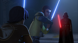 Kanan tells Hera and others to go while they confront Vader.