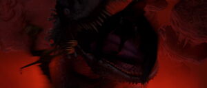 Hiccup, Toothless and Astrid quickly escape from the Red Death as he eats a Zippleback