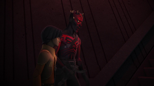 Hearing Ezra's companions in the distance, Maul tells the boy they must hurry.