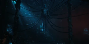 Vecna while connected to vines in the Upside Down Creel House.