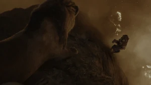Scar falling off Pride Rock to his presumed death