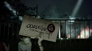 A Cordis Die supporter in Washington D.C. holds a protest sign with the terrorist group's official public seal.