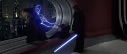 Skywalker stands and sees Sidious kill Mace.