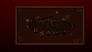 The Son with the rest of the playable characters of Hotline Miami 2: Wrong Number during the Table Sequence.
