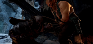 Magni pins down Kratos during the fight.