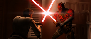 Maul fighting Kenobi using Ventress' lightsaber.