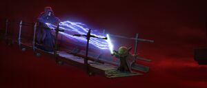 Yoda deflects Sidious' lightning with his lightsaber.