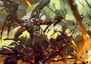 Skarbrand leading a host of Bloodletters in Age of Sigmar. His broken horns are notably depicted on the incorrect side of his head.
