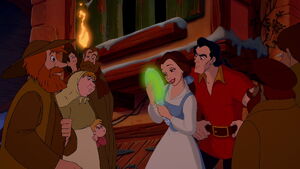 Gaston listening to Belle describing the Beast as "kind and gentle."