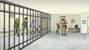 Benson with Mordecai, Rigby, Tango and Stash in jail.