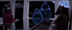Gunray and Haako meeting Sidious's apprentice, Darth Maul.