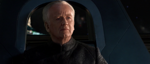 The Chancellor watching Obi-Wan and Anakin dueling Dooku.