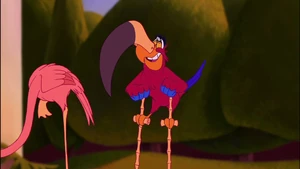 Iago speaking in Jasmine's voice to lure Aladdin away from the lamp.