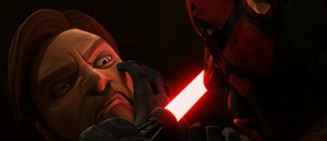 Darth Maul threatening Kenobi with his lightsaber.