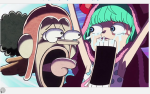 Sugar freaks out again. Note: she is now freaked out by anything resembling Usopp's nose